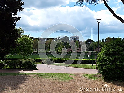 EUR city park, beautiful area of â€‹â€‹the city of Rome. In the distance you can see the pond, around which many practice sports. Editorial Stock Photo